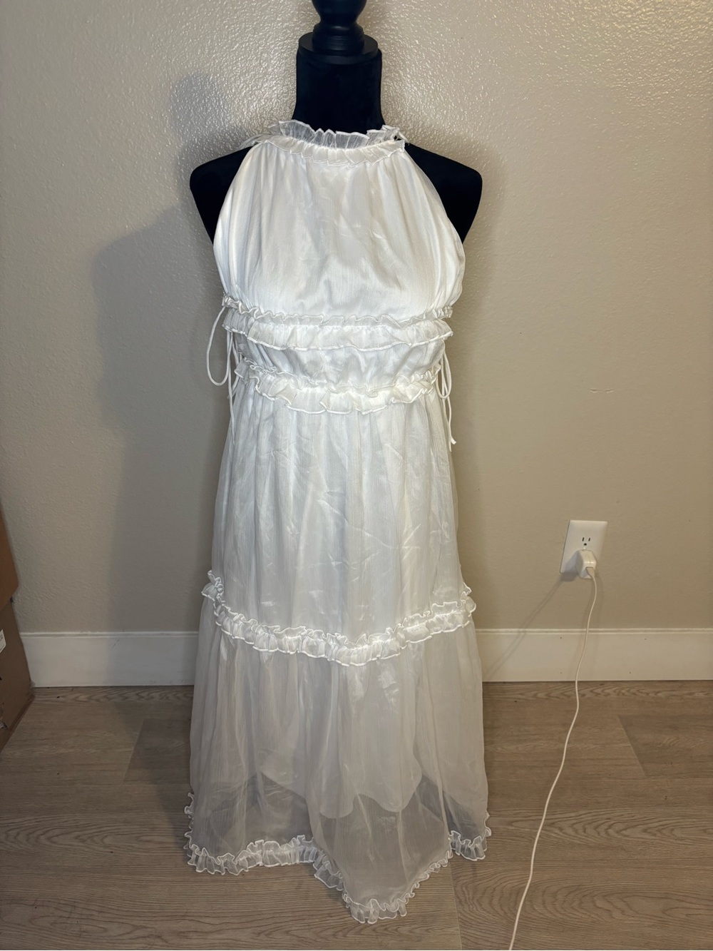 Lena White Halter Dress with Sheer Ruffle Trim Size XS